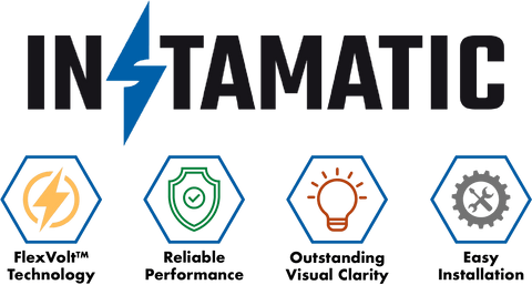 Instamatic® logo with descriptions: FlexVolt™ Technology, Reliable Performance, Outstanding Visual Clarity, Easy Installation